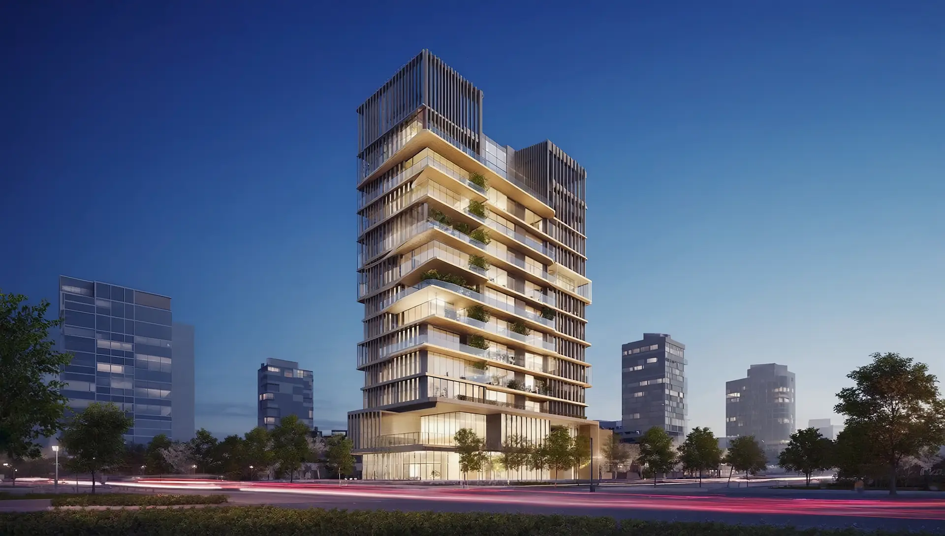 Prédio residencial moderno iluminado ao entardecer