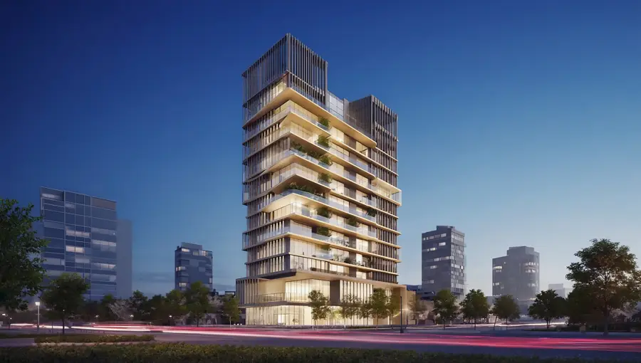 Prédio residencial moderno iluminado à noite