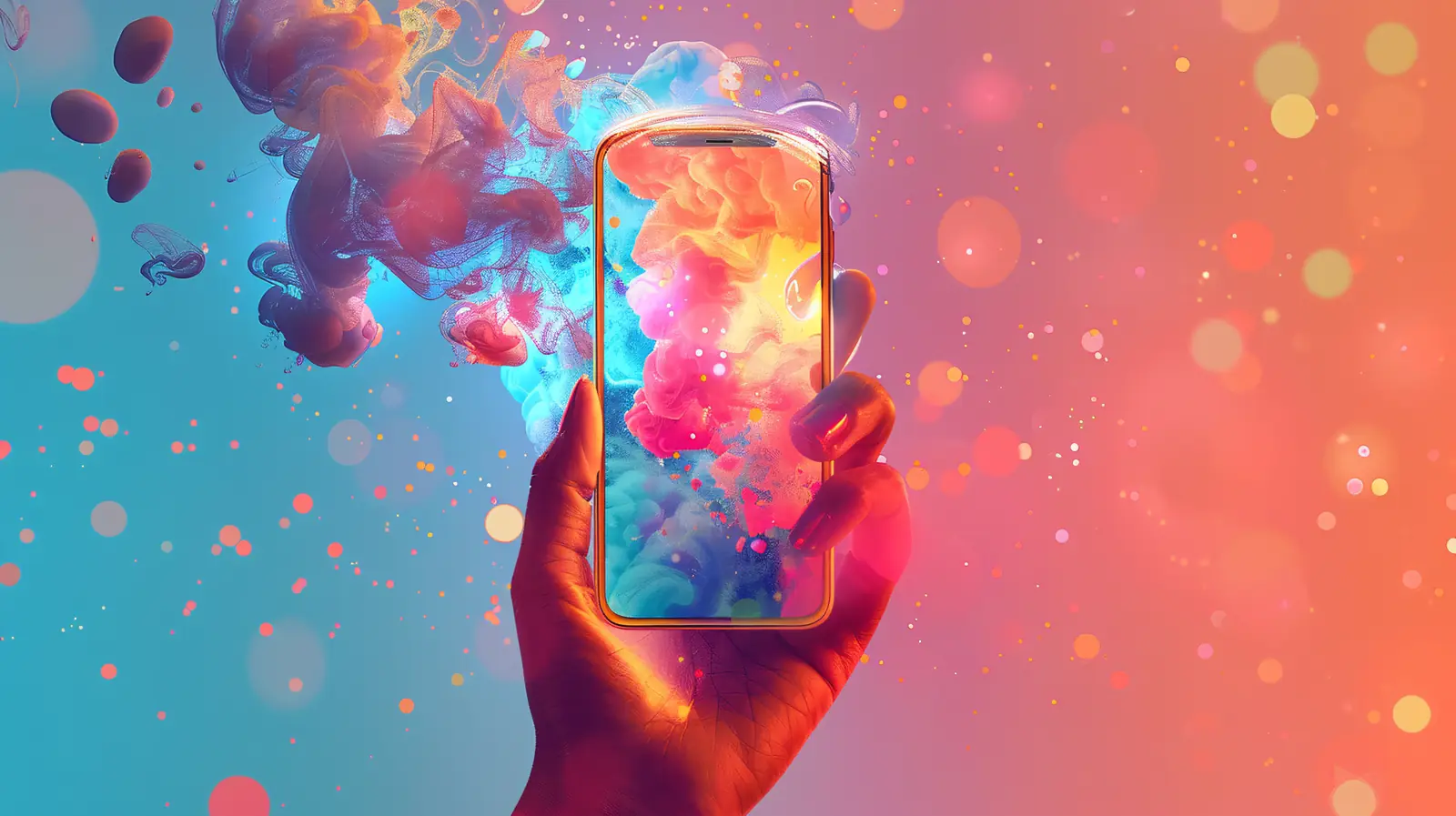 Mão segurando um celular com cores vibrantes, representando redes sociais