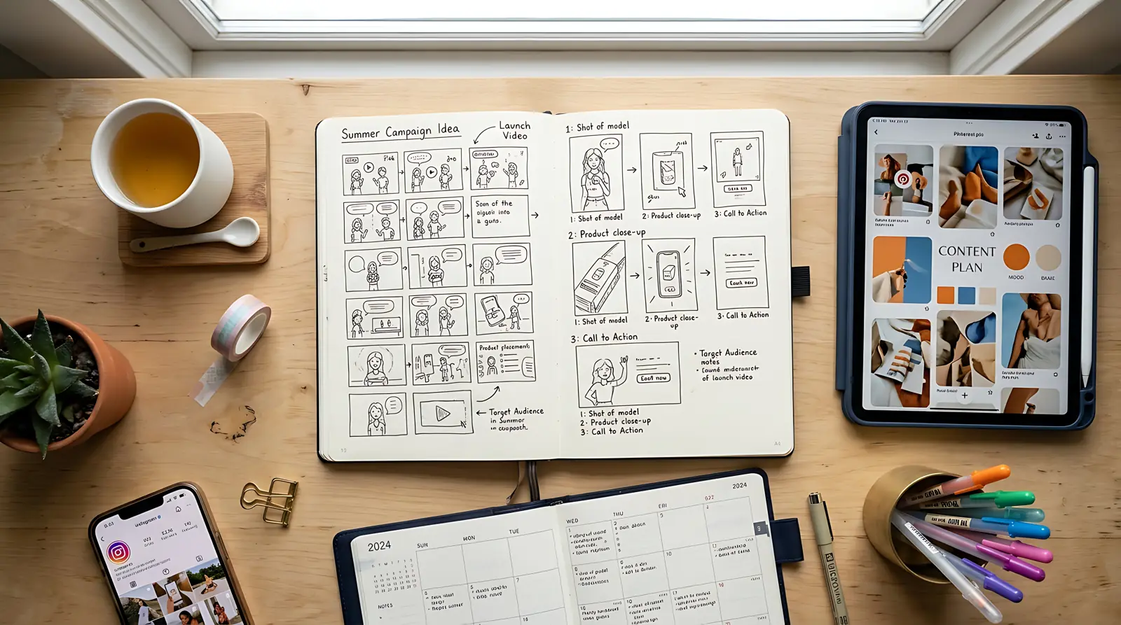 Mesa de trabalho com storyboard, celular e notebook para planejamento de conteúdo
