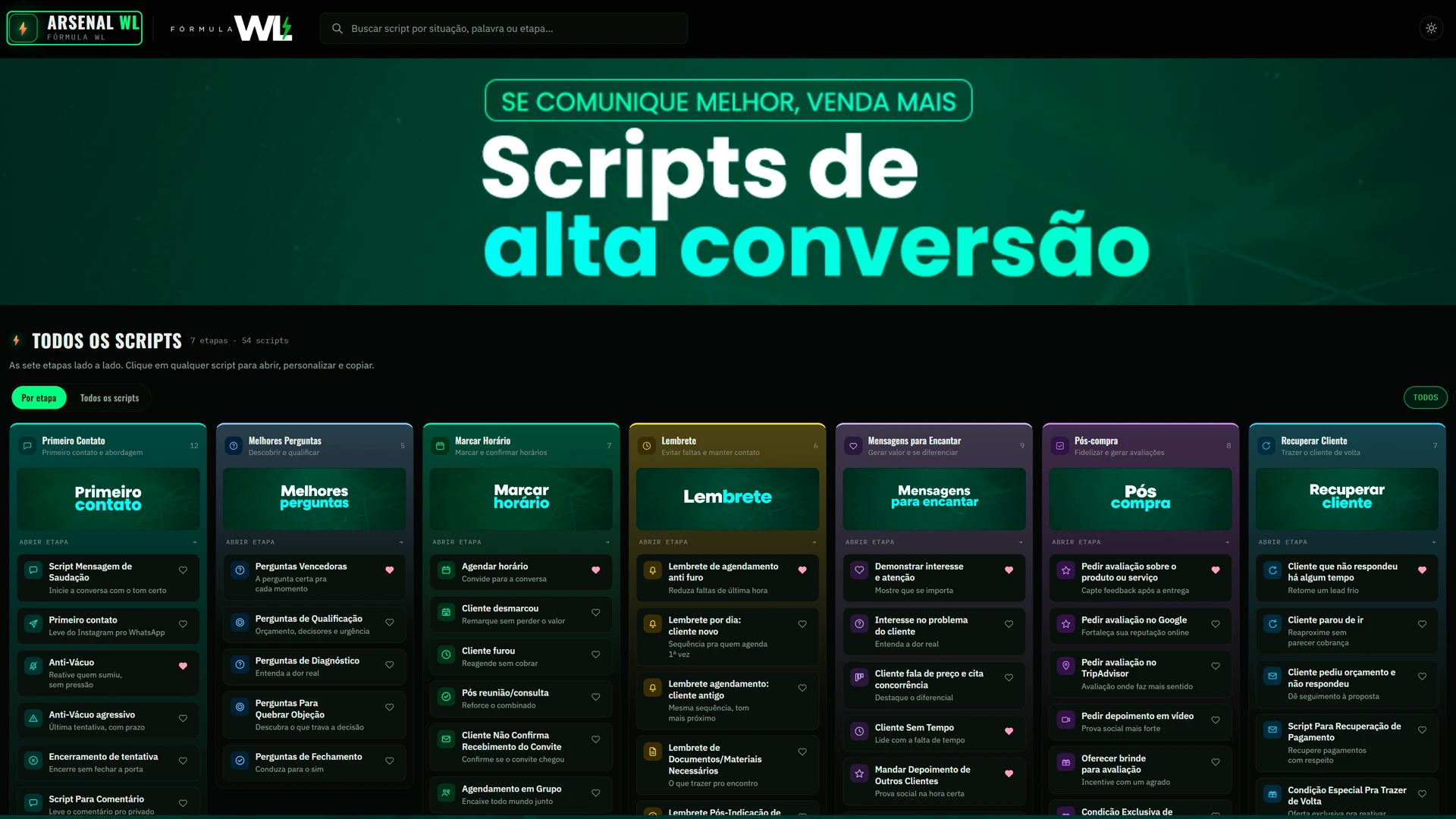 Painel com o acervo de scripts do Fórmula WL